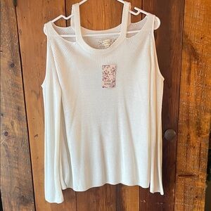 Pink Republic White Cold-Shoulder Ribbed Long Sleeve Top